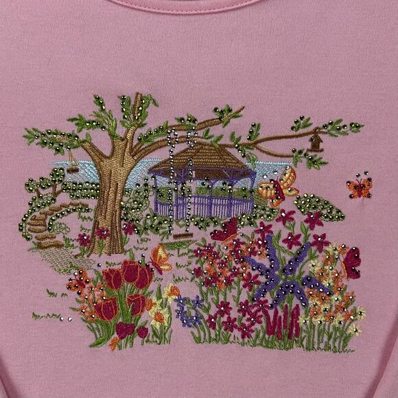 Quacker Factory Sz XS Pretty Pink Butterfly and Flowers 3/4 Sleeve Top Gorgeous - Picture 3 of 9